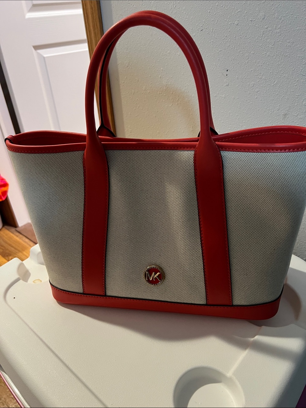 Michael Kors Cream Canvas Tote with Red Trim